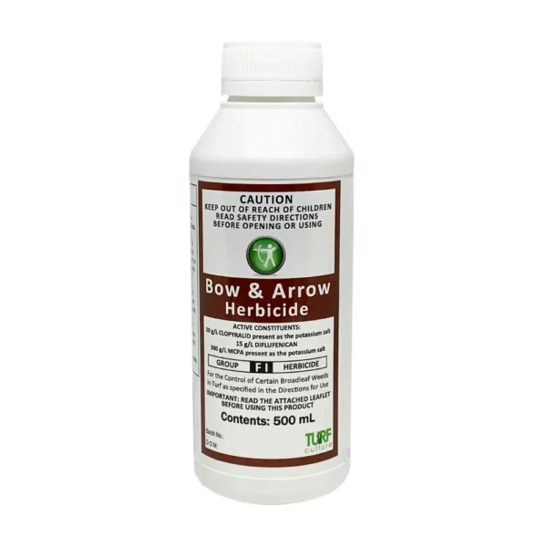 Bow & Arrow Herbicide 500mL bottle showing front label for broadleaf weed control.