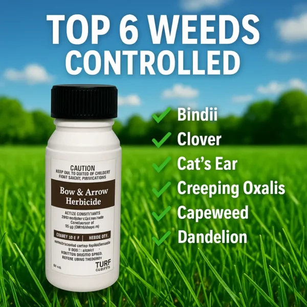 Bow and Arrow Herbicide controls bindii, clover, cat’s ear, creeping oxalis, capeweed, and dandelion in lawns