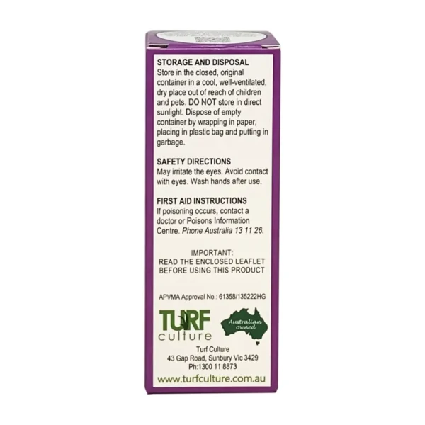 Back view of Coliseum Herbicide 25g packaging showing usage instructions, safety information, and product details.