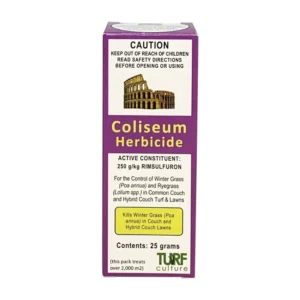 Front view of Coliseum Herbicide 25g packaging - herbicide for selective post-emergent weed control in turf.