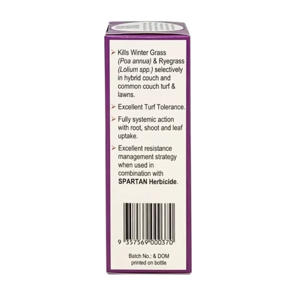 Left view of Coliseum Herbicide 25g packaging showing product highlights and barcode.