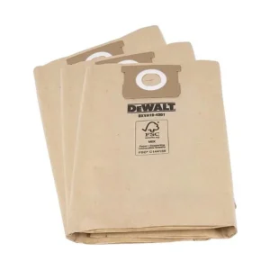 Three Dewalt 23-38L Wet & Dry Disposable Vacuum Dust Bags stacked, compatible with Dewalt wet and dry vacuum cleaners.