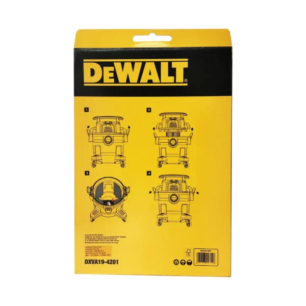 Back view of Dewalt 23-38L Wet & Dry Vacuum Dust Bags 3 Pack packaging showing installation instructions for DeWALT vacuum.