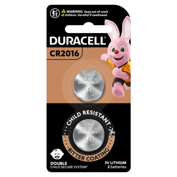 Duracell Specialty 2016 Coin Battery 2 Pack in packaging highlighting child safety features.