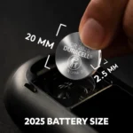 Duracell Specialty 2025 Coin Battery size and dimensions - 20mm diameter x 2.5mm width.