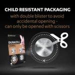 Duracell Specialty 2025 Coin Batteries in packaging with emphasis on double blister packaging that can only be opened with scissors.