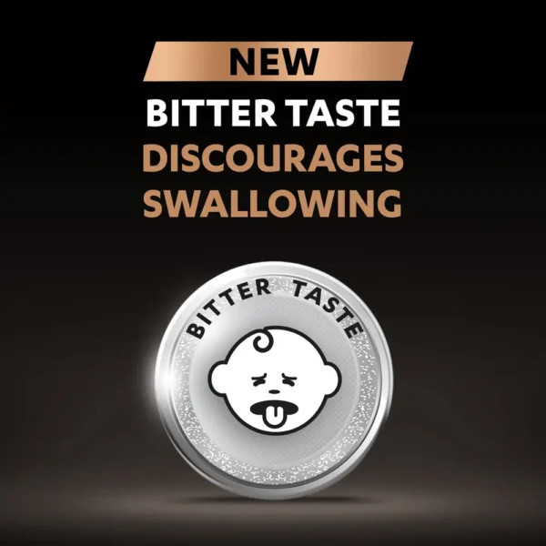 Duracell Specialty 2025 Coin Battery with bitter taste coating to discourage swallowing.