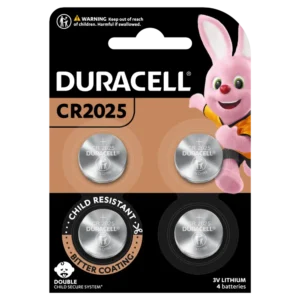 Duracell Specialty 2025 Coin Battery 4 Pack in packaging with model name and safe features.