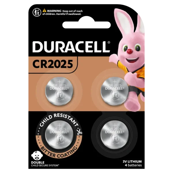 Duracell Specialty 2025 Coin Battery 4 Pack in packaging with model name and safe features.
