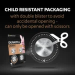 Duracell Specialty 2025 Coin Battery 4 Pack in packaging emphasizing child resistance to accidental opening with double blister packaging.