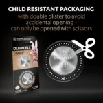 Duracell Specialty 2032 Coin Battery 2 Pack with emphasis on child resistance packaging that can only be opened with scissors.