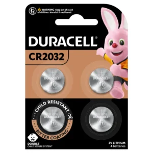 Duracell Specialty 2032 Coin Battery 4 Pack in packaging with model name, Duracell Bunny and child safety features.