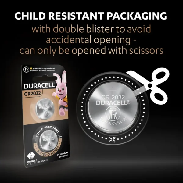 Duracell Specialty 2032 Coin Battery with emphasis on child resistance and blister packaging that can only be opened with scissors.