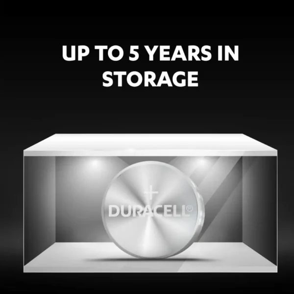 Duracell Specialty A76/LR44 Alkaline Coin Battery 4 Pack with text Up to 5 Years in Storage