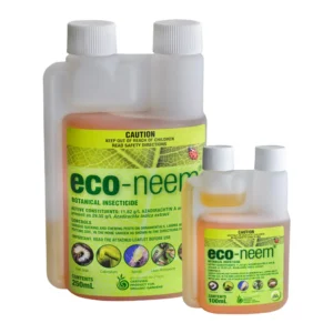 Eco-Neem Concentrate 200mL and 250mL organic insecticide bottles side by side on white background.