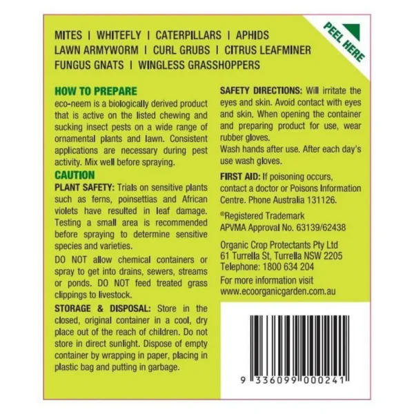 Eco-Neem Concentrate Label (2) – directions, safety instructions, plant safety, storage, and disposal information for organic pest control.