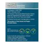 Enzyme Wizard Screen Cleaner 750ML label highlighting plant-based, vegan, pH neutral, and streak-free screen cleaning benefits.
