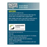 Enzyme Wizard Screen Cleaner 750ML label with usage directions, eco-friendly certification, and first aid instructions.