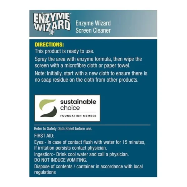 Enzyme Wizard Screen Cleaner 750ML label with usage directions, eco-friendly certification, and first aid instructions.