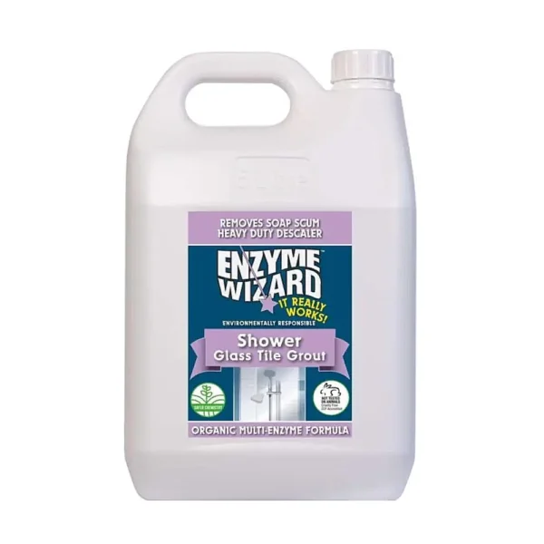 Enzyme Wizard Shower Tile Grout Cleaner 5L bottle for cleaning bathroom tiles, grout, and glass surfaces.