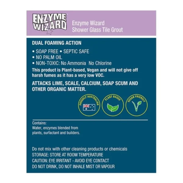 Plant-based Enzyme Wizard Shower Tile Grout Cleaner label highlighting vegan, eco-friendly, and non-toxic bathroom cleaning benefits