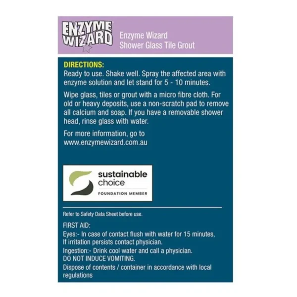 Enzyme Wizard Shower Tile Grout Cleaner label with usage directions, eco-friendly certification, and first aid information.