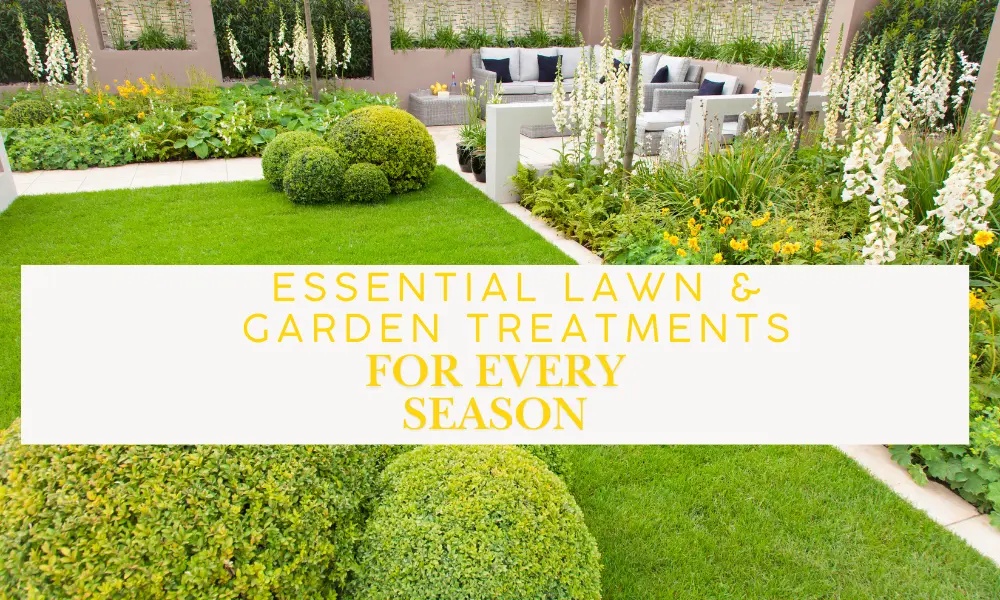 Seasonal lawn and garden treatment guide with product recommendations for weed, pest, and disease control.