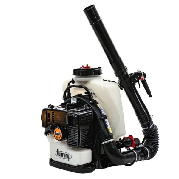 Guarany Granule Applicator ULV-LV 11L with labelled callouts showing 11L capacity, nozzle control, granule/mist dual use, and ergonomic design on a white background