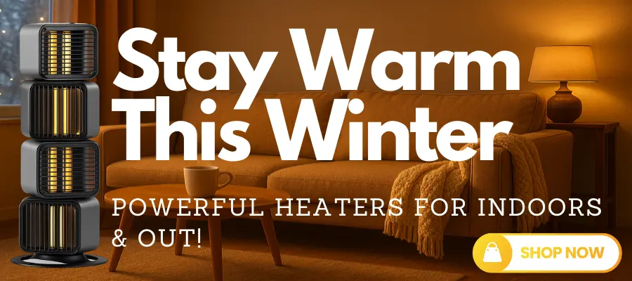 Modern indoor heater banner showing stylish home heating units with cozy living room scene – perfect for winter comfort.