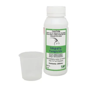 Front view of Impala Fungicide 250mL bottle with measuring cup - a broad-spectrum turf fungicide.