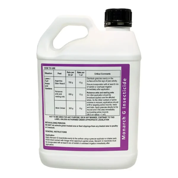 Back label of Monarch G Insecticide Granules 2.5kg showing application instructions and safety information for effective lawn pest control.