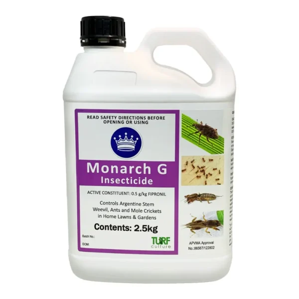 Monarch G Insecticide Granules 2.5kg showing front of bottle - for effective insect lawn protection.