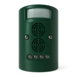 Green electronic solar-powered pest repeller with motion sensor and LED lights for animal and bird control