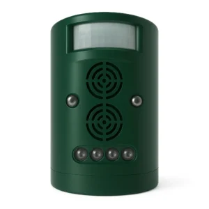 Green electronic solar-powered pest repeller with motion sensor and LED lights for animal and bird control