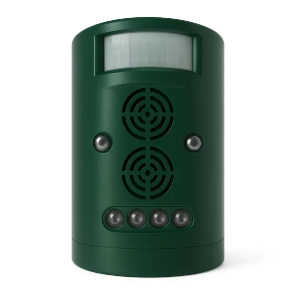 Green electronic solar-powered pest repeller with motion sensor and LED lights for animal and bird control