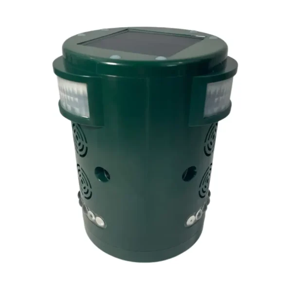 Side view of Pestrol 360 Elite Solar Animal Bird Repeller with solar panel and motion sensor for outdoor pest control