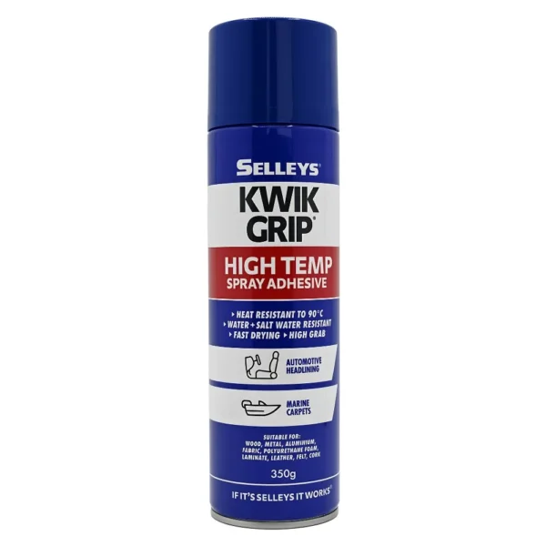 Selleys Kwik Grip High Temp Spray Adhesive 350g can displayed on a white background.