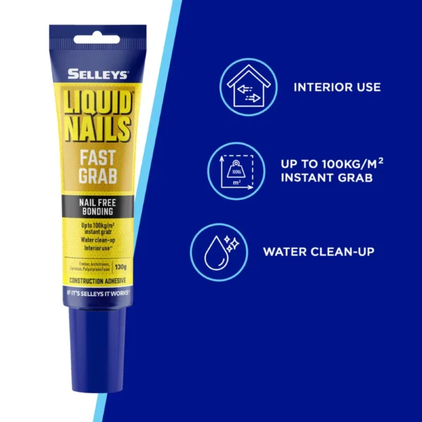 Selleys Liquid Nails Fast Grab 130g adhesive product displayed on blue and white background with main product features listed.