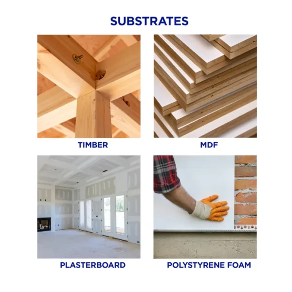 Selleys Liquid Nails Fast Grab 130g suitable substrates including timber, MDF, plasterboard, and polystyrene foam.