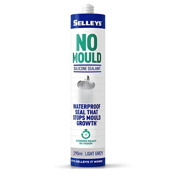 Front view of Selleys No Mould Silicone Sealant Light Grey 290ml tube on a white background.