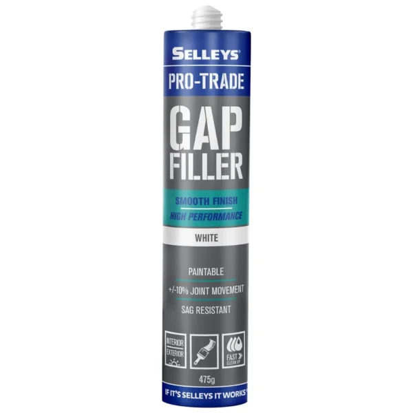 Front view of Selleys Pro Trade Gap Smooth Finish White 475g tube on white background