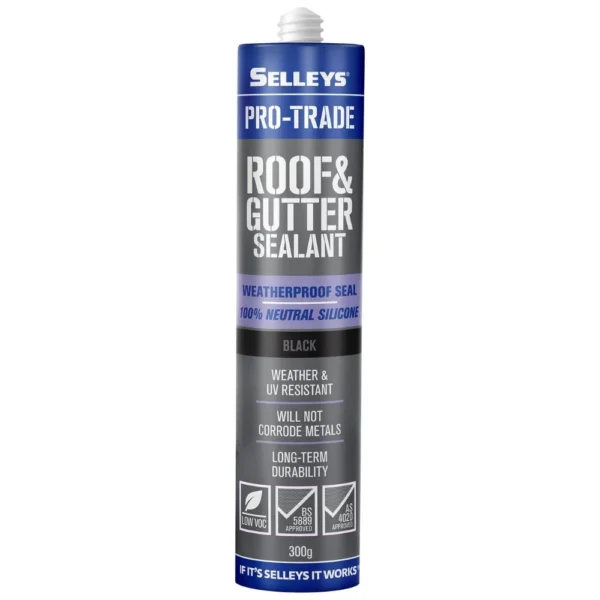 Selleys Pro Trade Roof & Gutter Silicone Black 300g tube on white background