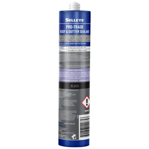 Back view of Selleys Pro Trade Roof & Gutter Silicone Black 300g showing usage instructions on white background