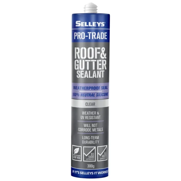 Front view of Selleys Pro Trade Roof & Gutter Silicone Clear 300g tube on white background