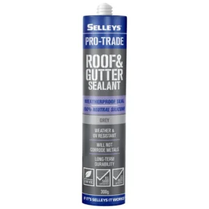 Front view of Selleys Pro Trade Roof & Gutter Silicone Grey 300g tube on white background