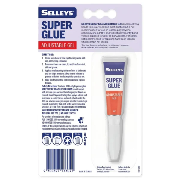 Angled view of Selleys Super Glue Adjustable Gel 3g in packaging on white background