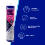 Selleys Wet Area Silicone Sealant in matt white, 420g tube on white surface