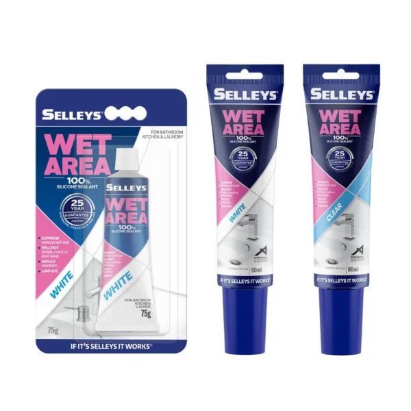 Multiple Selleys Wet Area Silicone Sealants in clear and white, various sizes shown
