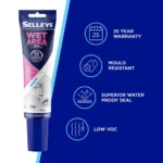 Infographic showing key features and steps for applying Selleys Wet Area Silicone Sealant White