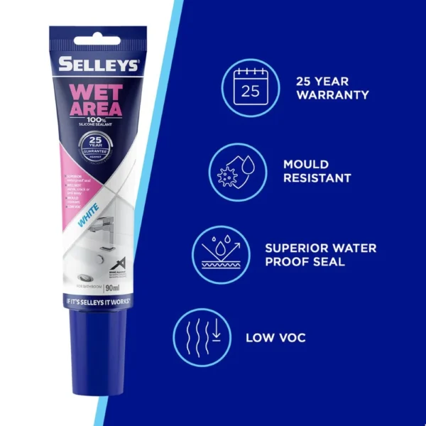 Infographic showing key features and steps for applying Selleys Wet Area Silicone Sealant White
